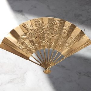 Vintage Solid Brass Oriental‎ Style Hand Fan Raised Phoenix Dragon Wall Decor